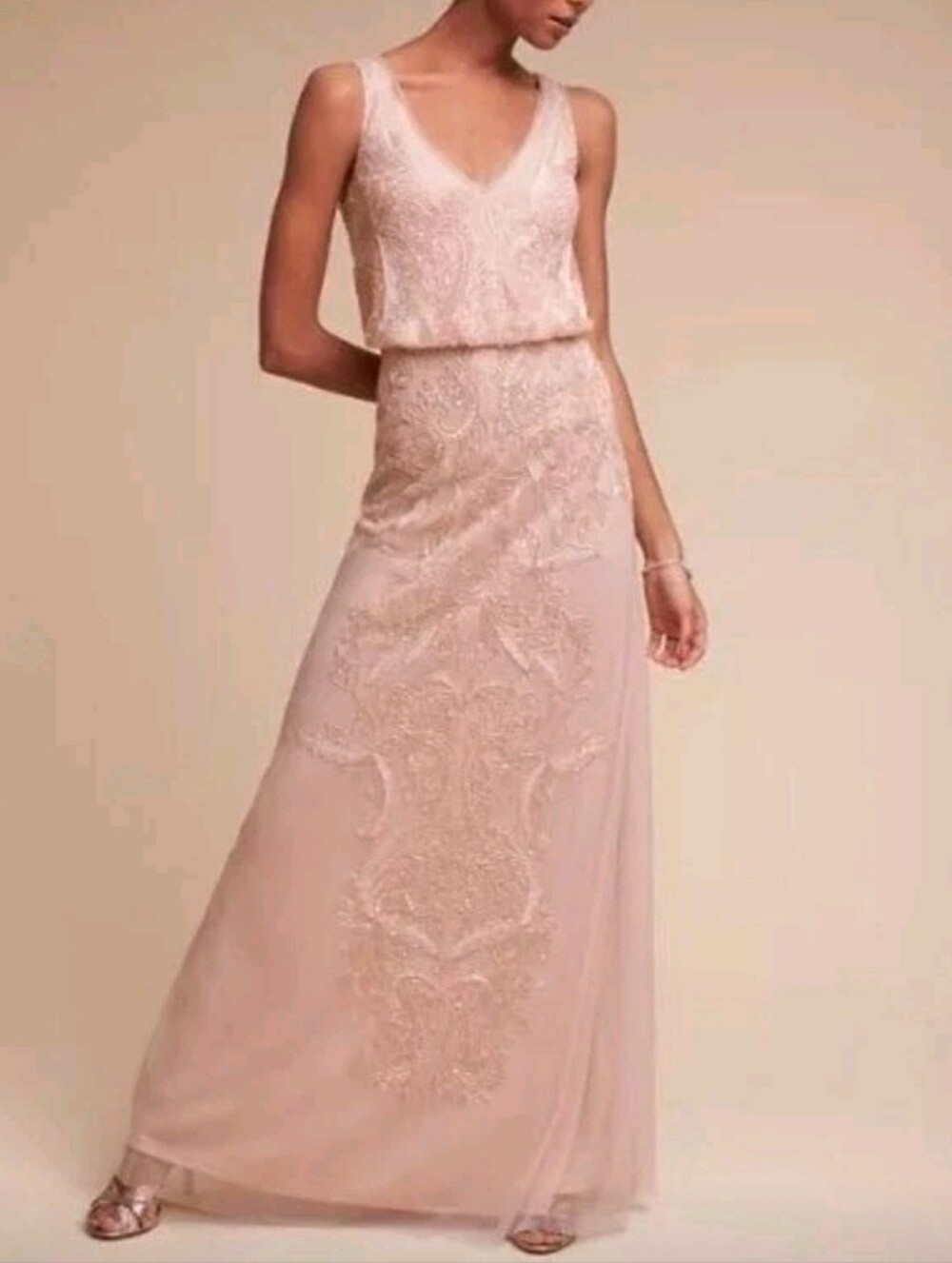 Adrianna Papell BHLDN Anthrpologie Aubey Blush Pink Beaded V-Neck Gown Sz 18
